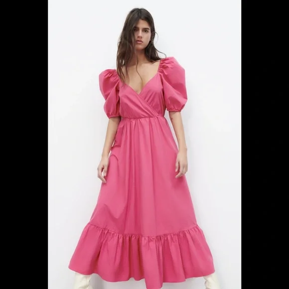ZARA | NWT FUCHSIA PUFF SLEEVES MIDI DRESS BLOGGERS FAVORITE - Picture 7 of 10